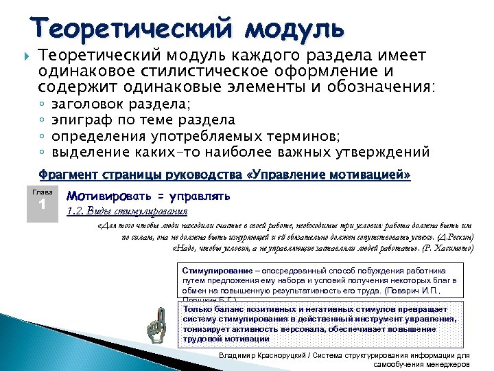 Теоретический модуль каждого раздела имеет одинаковое стилистическое оформление и содержит одинаковые элементы и обозначения: