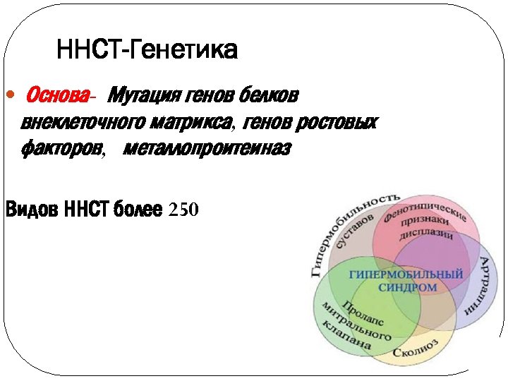 ННСТ-Генетика Основа- Мутация генов белков внеклеточного матрикса, генов ростовых факторов, металлопроитеиназ Видов ННСТ более
