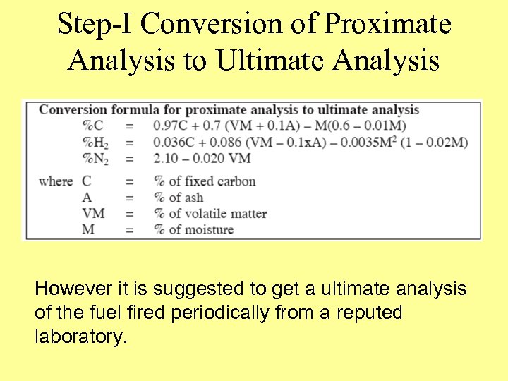 Step-I Conversion of Proximate Analysis to Ultimate Analysis However it is suggested to get