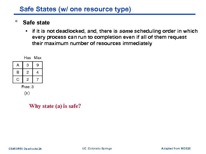 Safe States (w/ one resource type) ° Safe state • if it is not
