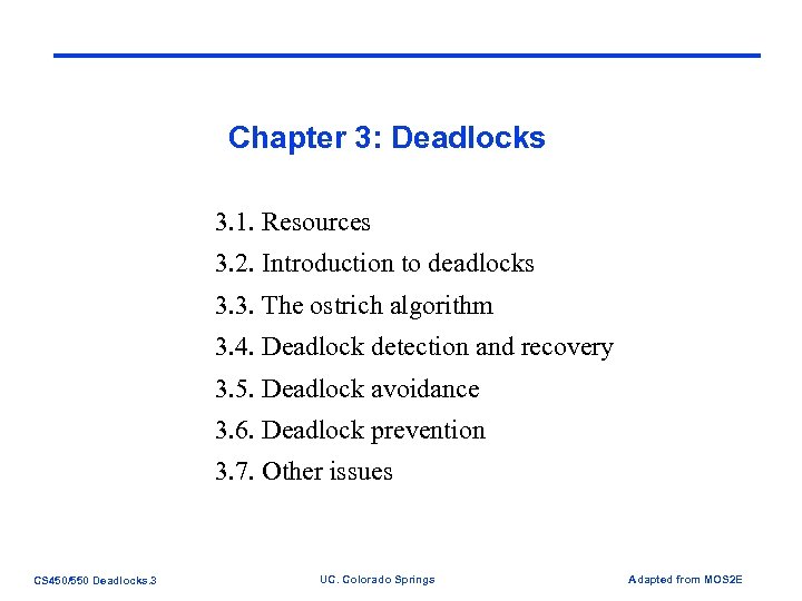 Chapter 3: Deadlocks 3. 1. Resources 3. 2. Introduction to deadlocks 3. 3. The