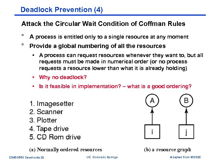 Deadlock Prevention (4) Attack the Circular Wait Condition of Coffman Rules ° A process