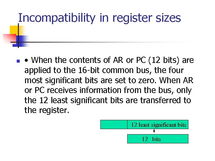 Incompatibility in register sizes n • When the contents of AR or PC (12