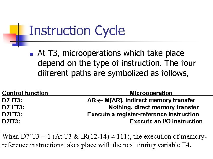 Instruction Cycle n At T 3, microoperations which take place depend on the type
