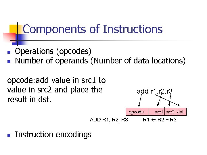 Components of Instructions n n Operations (opcodes) Number of operands (Number of data locations)