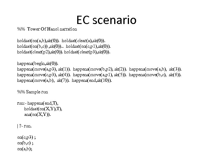 EC scenario %% Tower Of Hanoi narration holdsat(on(a, b), sk(0)). holdsat(clear(a), sk(0)). holdsat(on(b, c))