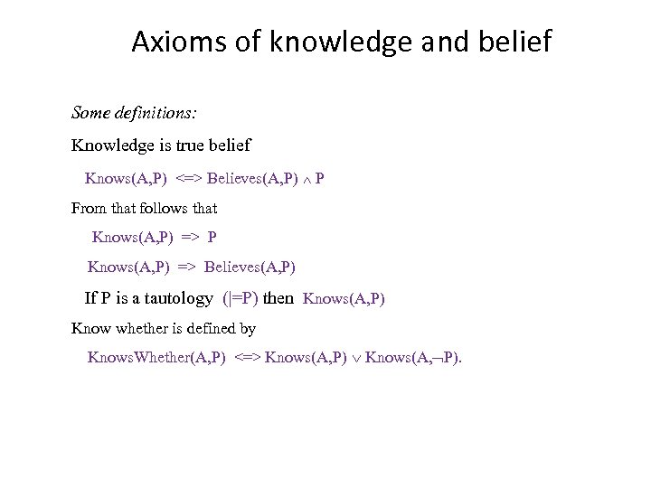 Axioms of knowledge and belief Some definitions: Knowledge is true belief Knows(A, P) <=>