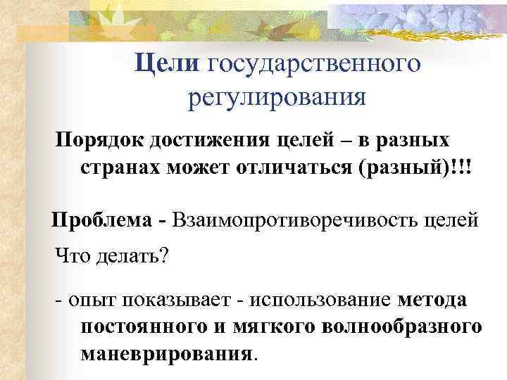 Цели государственного регулирования Порядок достижения целей – в разных странах может отличаться (разный)!!! Проблема