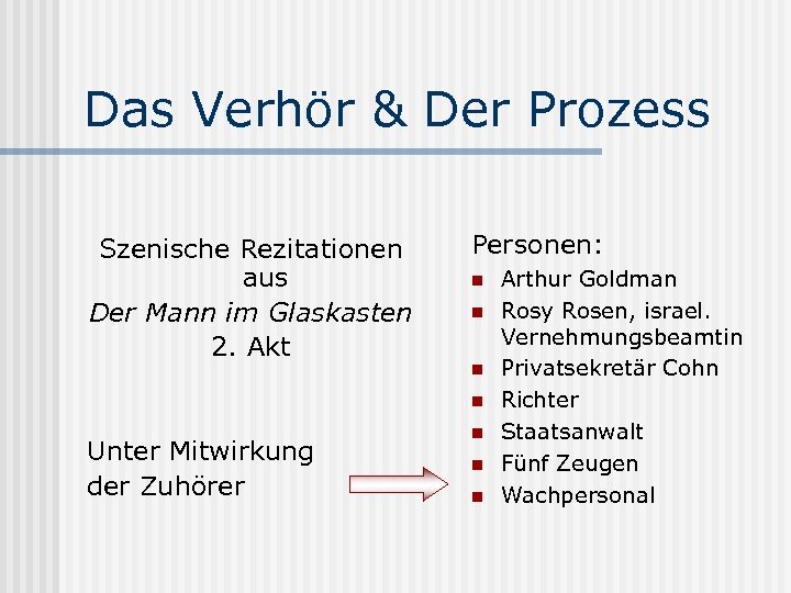 Das Verhör & Der Prozess Szenische Rezitationen aus Der Mann im Glaskasten 2. Akt