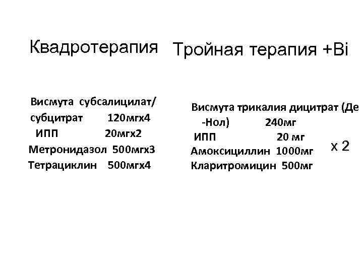 Квадротерапия Тройная терапия +Вi Висмута субсалицилат/ субцитрат 120 мгх4 ИПП 20 мгх2 Метронидазол 500