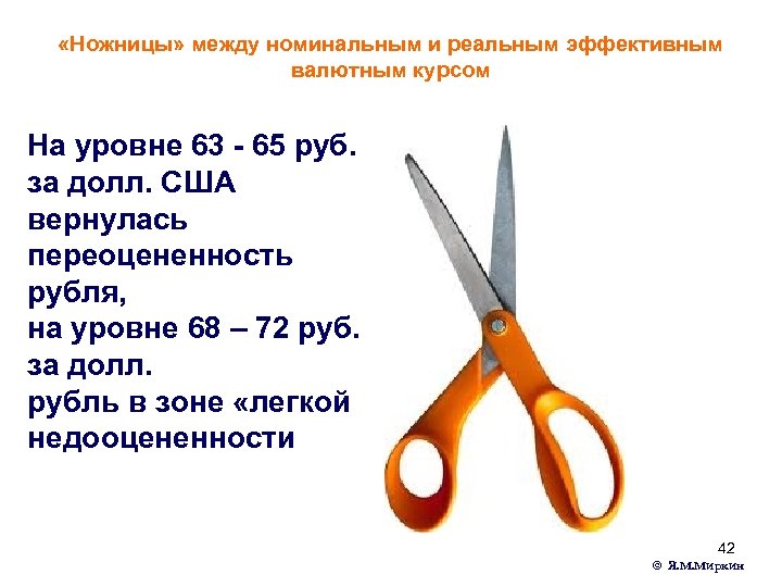  «Ножницы» между номинальным и реальным эффективным валютным курсом На уровне 63 - 65