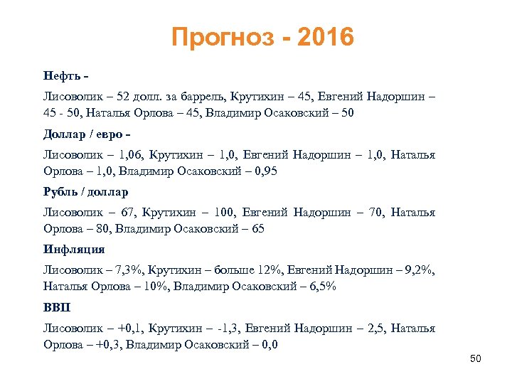 Прогноз - 2016 Нефть - Лисоволик – 52 долл. за баррель, Крутихин – 45,