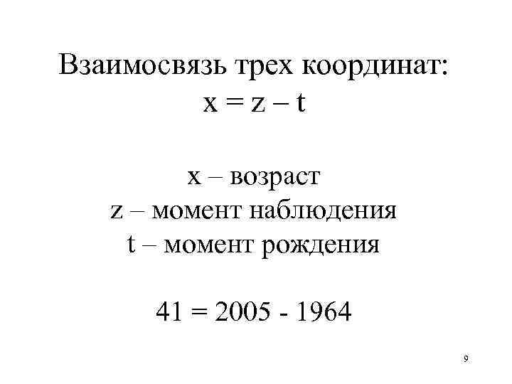 Взаимосвязь трех координат: x = z – t x – возраст z – момент