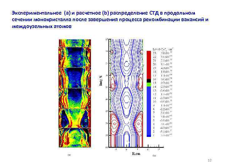 Экспериментальное (а) и расчетное (b) распределение СТД в продольном сечении монокристалла после завершения процесса