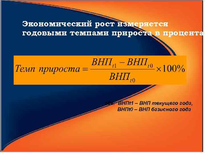 Экономический рост измеряется годовыми темпами прироста в процентах где: ВНПt 1 – ВНП текущего