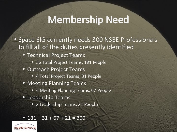 Membership Need • Space SIG currently needs 300 NSBE Professionals to fill all of