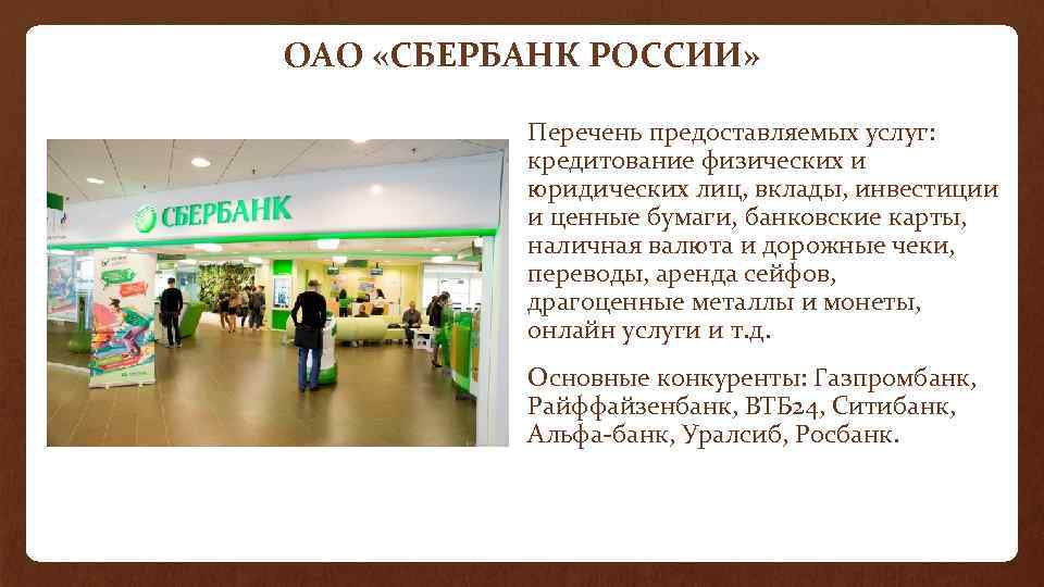 ОАО «СБЕРБАНК РОССИИ» Перечень предоставляемых услуг: кредитование физических и юридических лиц, вклады, инвестиции и