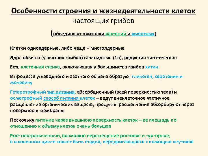 Особенности строения и жизнедеятельности клеток настоящих грибов (объединяют признаки растений и животных) Клетки одноядерные,