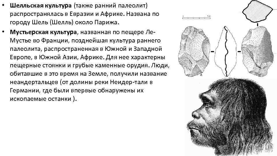  • Шелльская культура (также ранний палеолит) распространялась в Евразии и Африке. Названа по