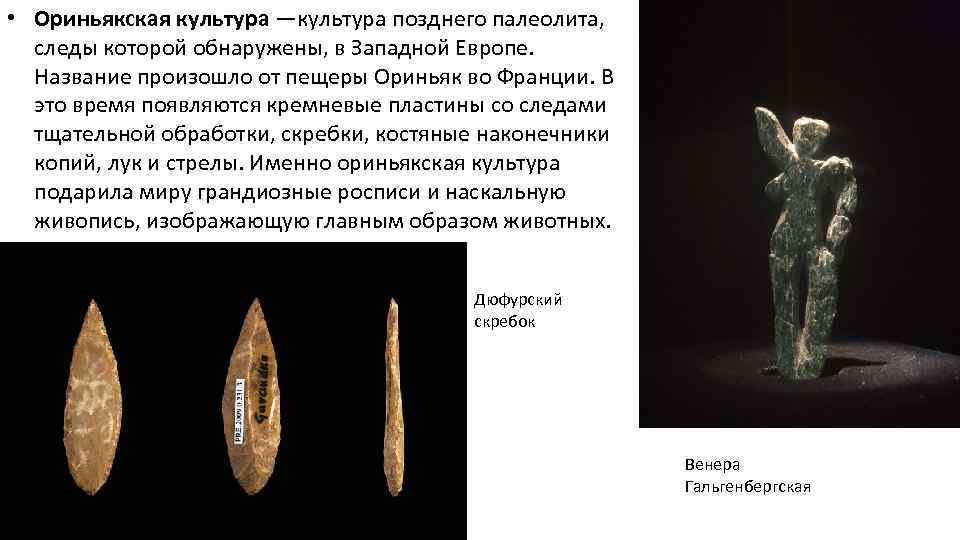  • Ориньякская культура —культура позднего палеолита, следы которой обнаружены, в Западной Европе. Название