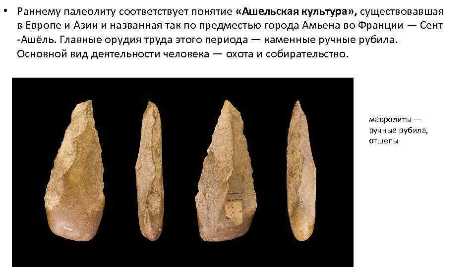  • Раннему палеолиту соответствует понятие «Ашельская культура» , существовавшая в Европе и Азии