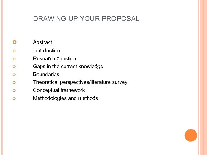 DRAWING UP YOUR PROPOSAL Abstract Introduction Research question Gaps in the current knowledge Boundaries