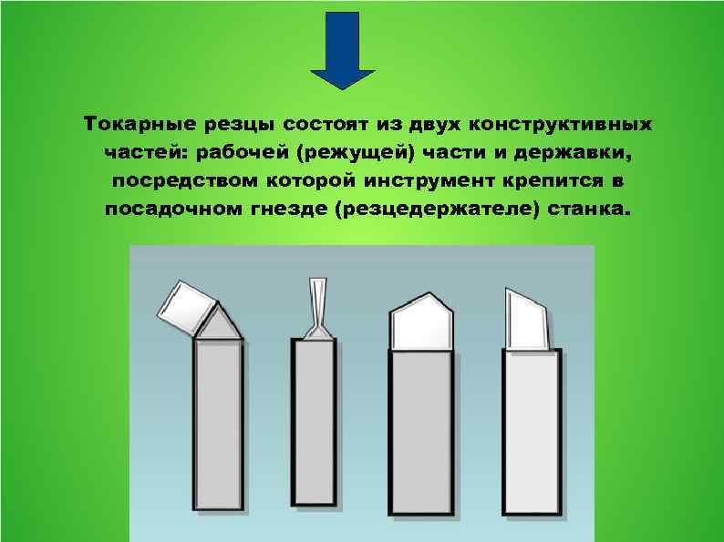 Токарные резцы состоят из двух конструктивных частей: рабочей (режущей) части и державки, посредством которой