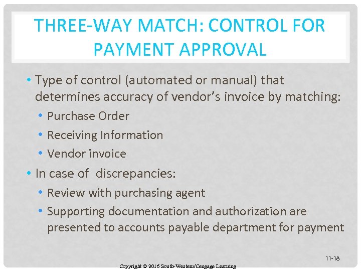 THREE-WAY MATCH: CONTROL FOR PAYMENT APPROVAL • Type of control (automated or manual) that