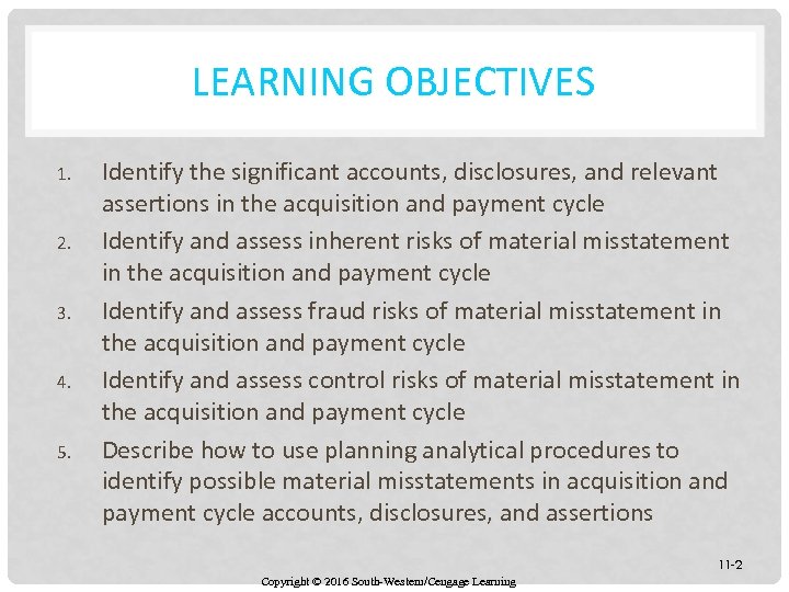 LEARNING OBJECTIVES 1. 2. 3. 4. 5. Identify the significant accounts, disclosures, and relevant