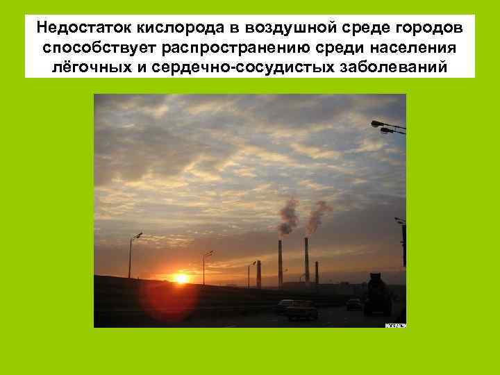 Недостаток кислорода в воздушной среде городов способствует распространению среди населения лёгочных и сердечно-сосудистых заболеваний