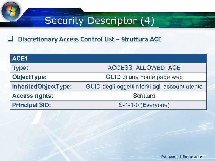 Security Descriptor (4) q Discretionary Access Control List – Struttura ACE 1 Type: Object.