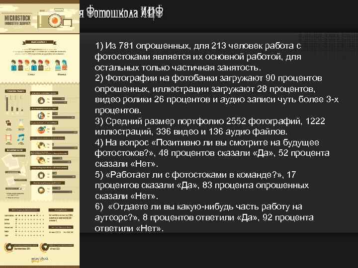 1) Из 781 опрошенных, для 213 человек работа с фотостоками является их основной работой,