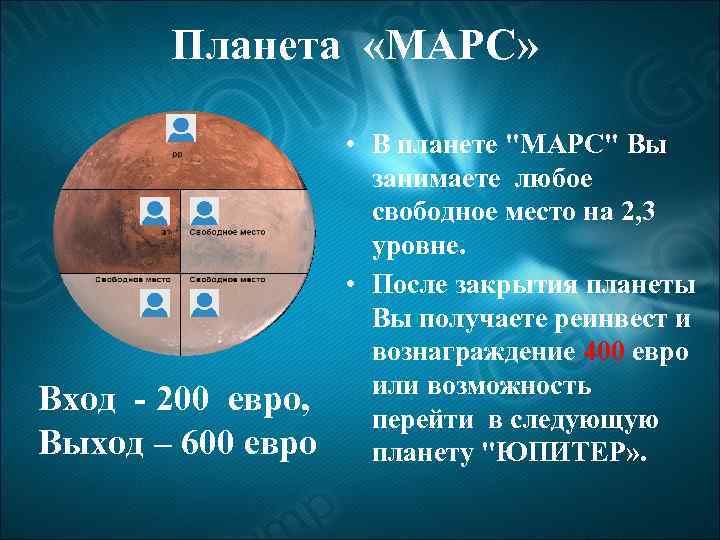 Планета «МАРС» Вход - 200 евро, Выход – 600 евро • В планете "МАРС"