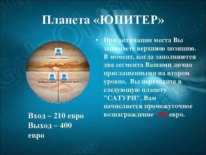 Планета «ЮПИТЕР» Вход – 210 евро Выход – 400 евро • При активации места