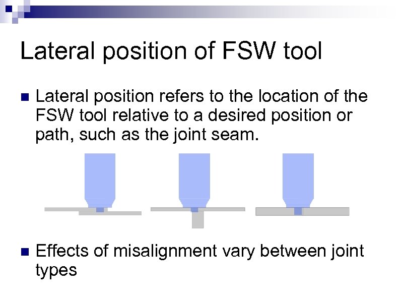 Lateral position of FSW tool n Lateral position refers to the location of the