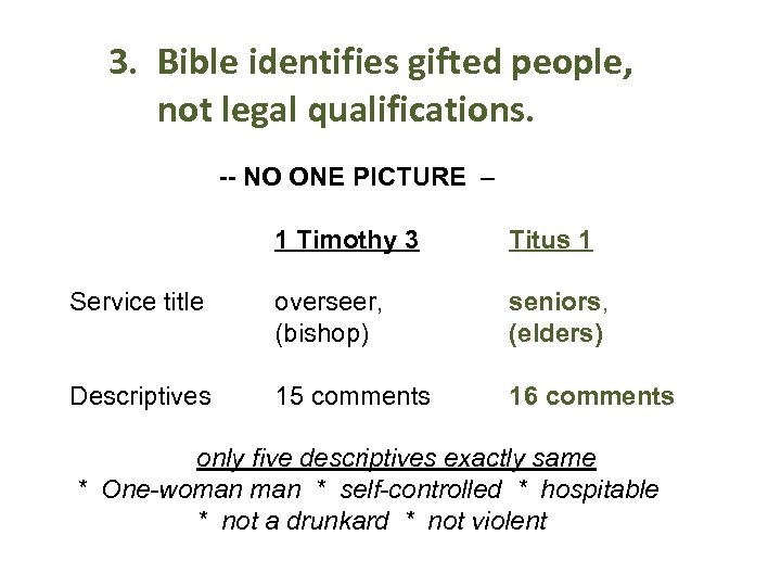 3. Bible identifies gifted people, not legal qualifications. -- NO ONE PICTURE – 1