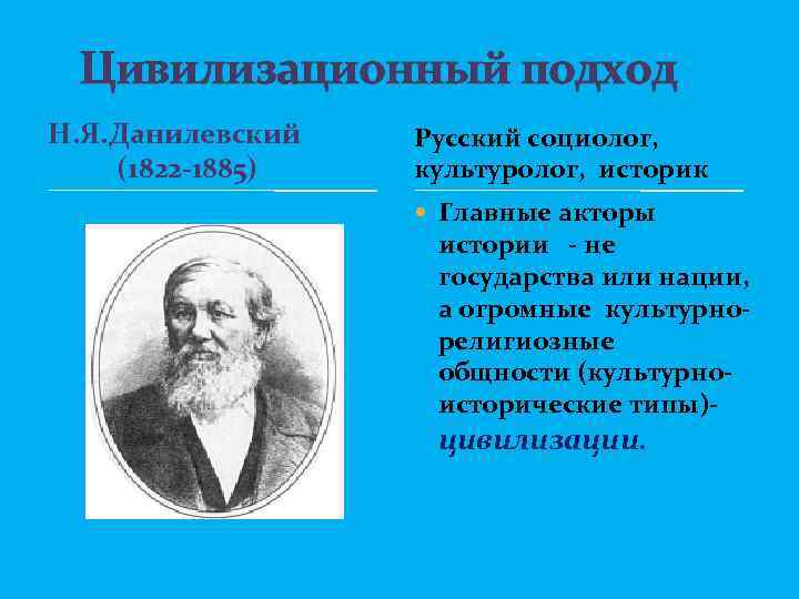  Цивилизационный подход Н. Я. Данилевский (1822 -1885) Русский социолог, культуролог, историк Главные акторы