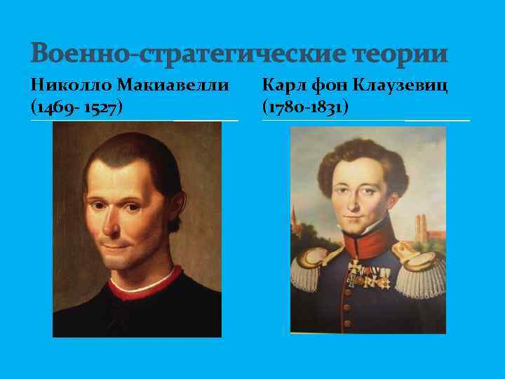 Военно-стратегические теории Николло Макиавелли Карл фон Клаузевиц (1469 - 1527) (1780 -1831) 