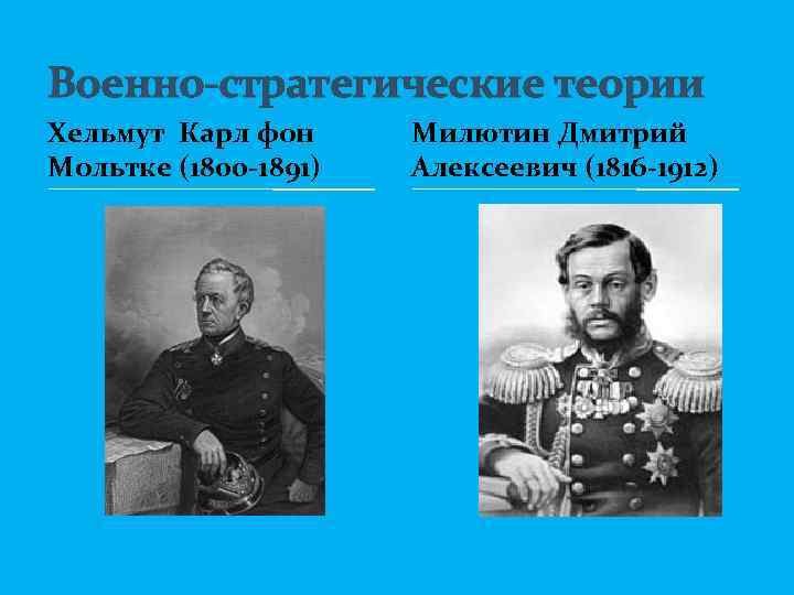 Военно-стратегические теории Хельмут Карл фон Мольтке (1800 -1891) Милютин Дмитрий Алексеевич (1816 -1912) 
