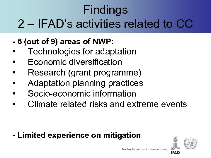 Findings 2 – IFAD’s activities related to CC - 6 (out of 9) areas