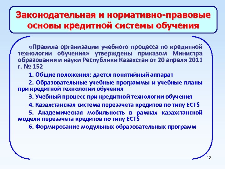 Законодательная и нормативно-правовые основы кредитной системы обучения «Правила организации учебного процесса по кредитной технологии