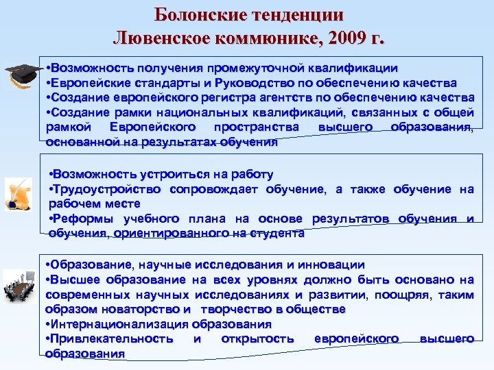 Болонские тенденции Лювенское коммюнике, 2009 г. • Возможность получения промежуточной квалификации • Европейские стандарты