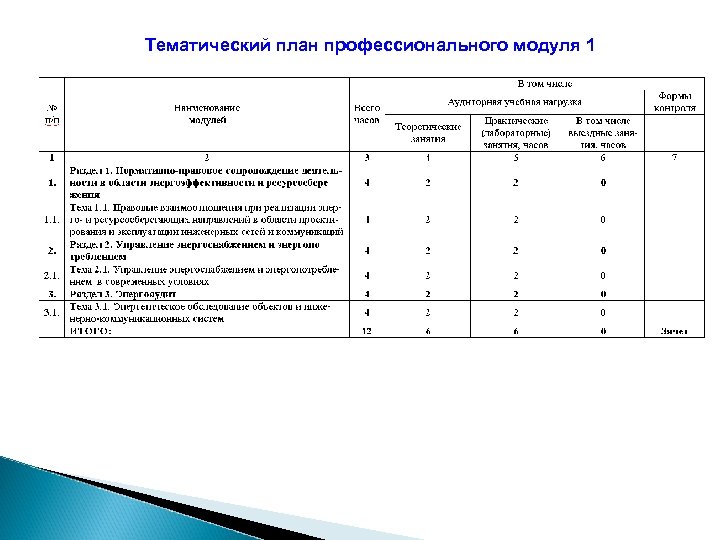 Тематический план профессионального модуля 1 