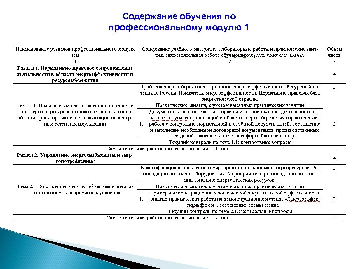 Содержание обучения по профессиональному модулю 1 