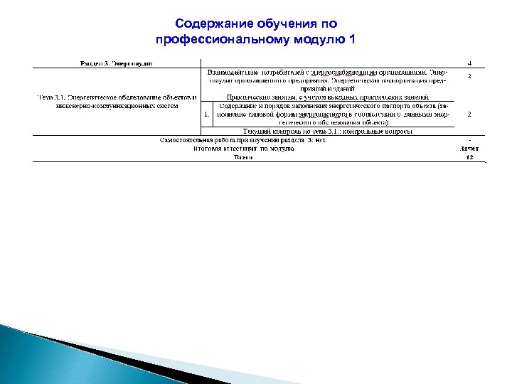 Содержание обучения по профессиональному модулю 1 