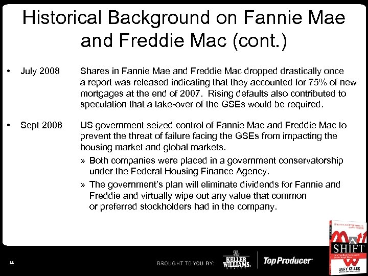 Historical Background on Fannie Mae and Freddie Mac (cont. ) • July 2008 Shares
