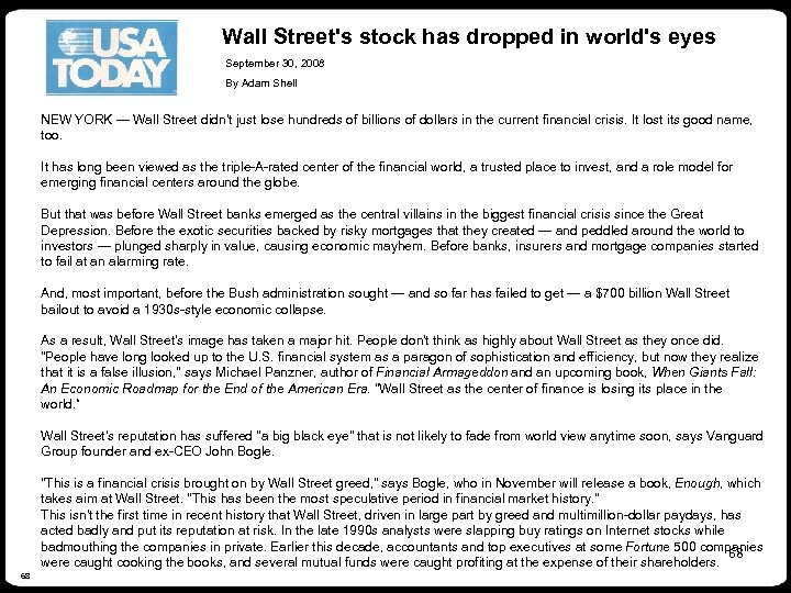 Wall Street's stock has dropped in world's eyes September 30, 2008 By Adam Shell