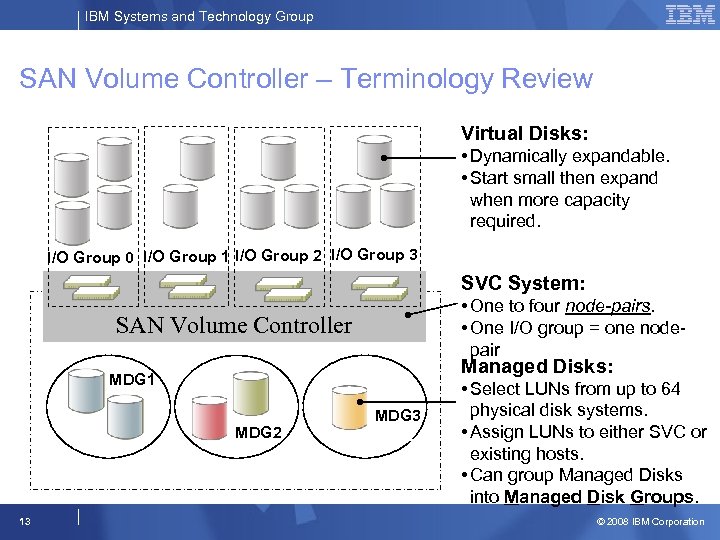 IBM Systems and Technology Group SAN Volume Controller – Terminology Review Virtual Disks: •