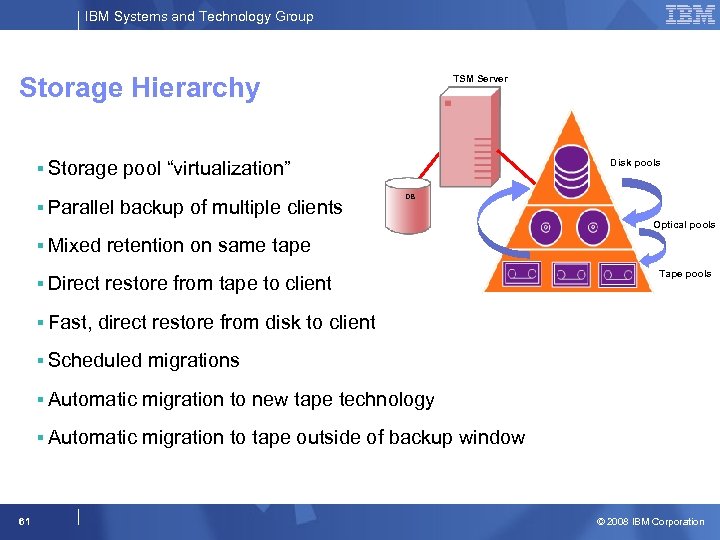 IBM Systems and Technology Group Storage Hierarchy TSM Server § Storage pool “virtualization” §