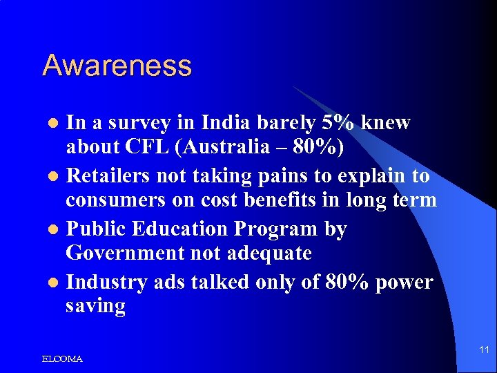 Awareness In a survey in India barely 5% knew about CFL (Australia – 80%)